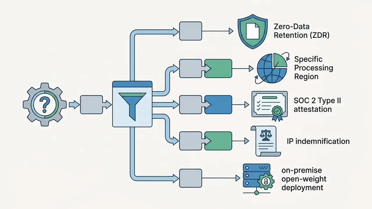 Filtering model showing how governance requirements branch into specific compliance and deployment options