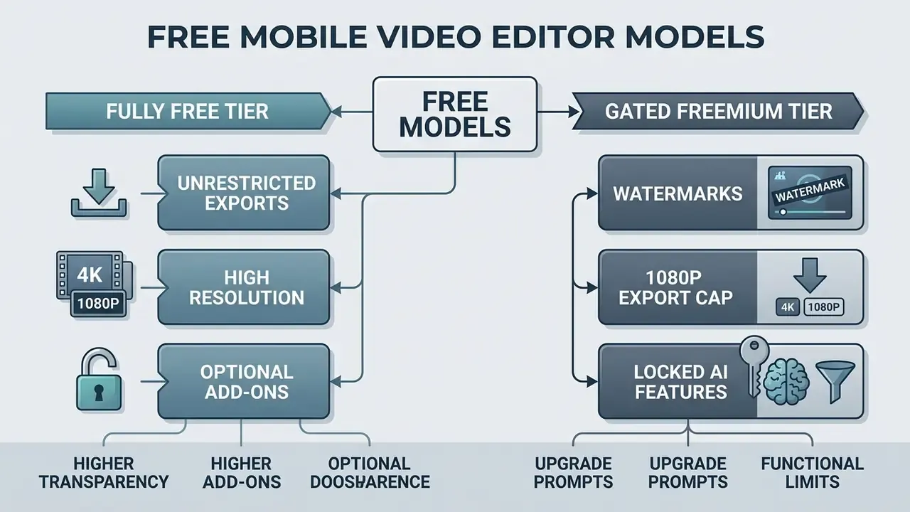 Comparison flowchart contrasting fully free tiers with gated freemium models for mobile video editing apps