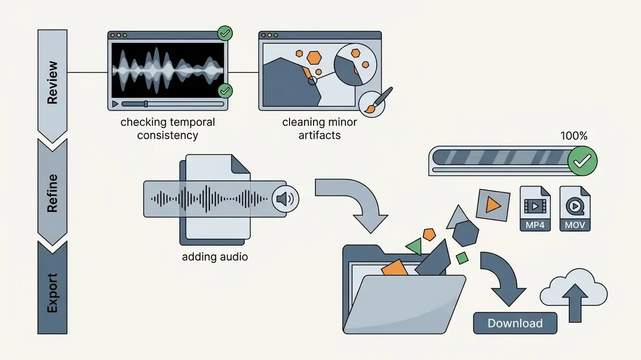 Steps for checking temporal consistency, removing artifacts, adding audio, and exporting video files