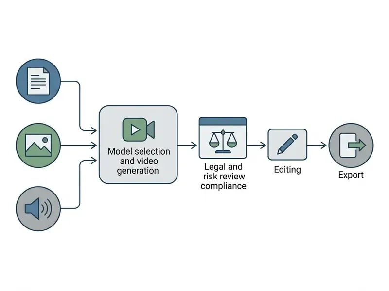 Flowchart showing input media moving through generation, compliance review, editing, and final export