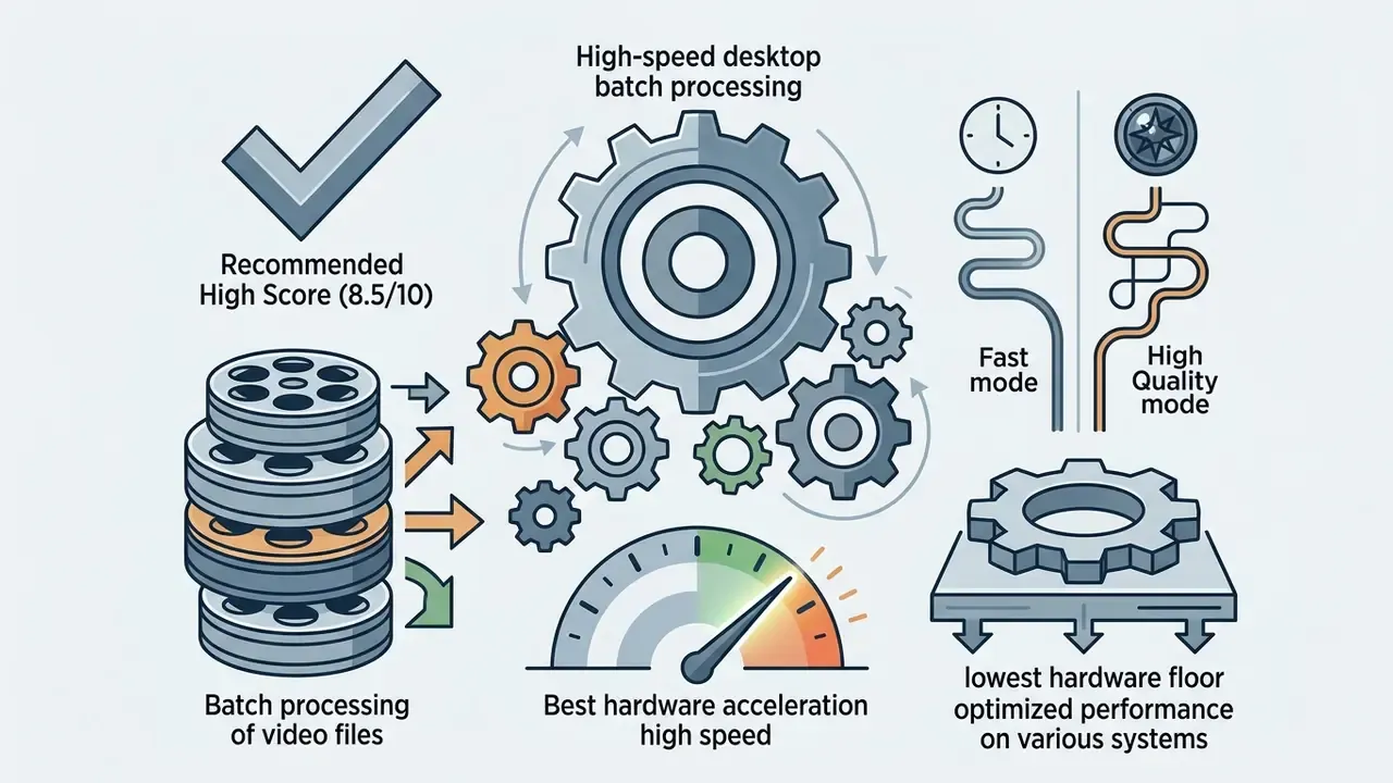 Gear mechanisms illustrating batch video processing, hardware acceleration, and system optimization modes