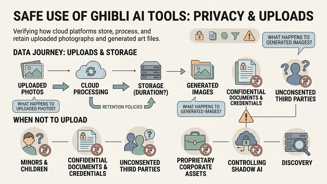 Visual guide showing the data journey of uploads and storage alongside risks for AI tool usage