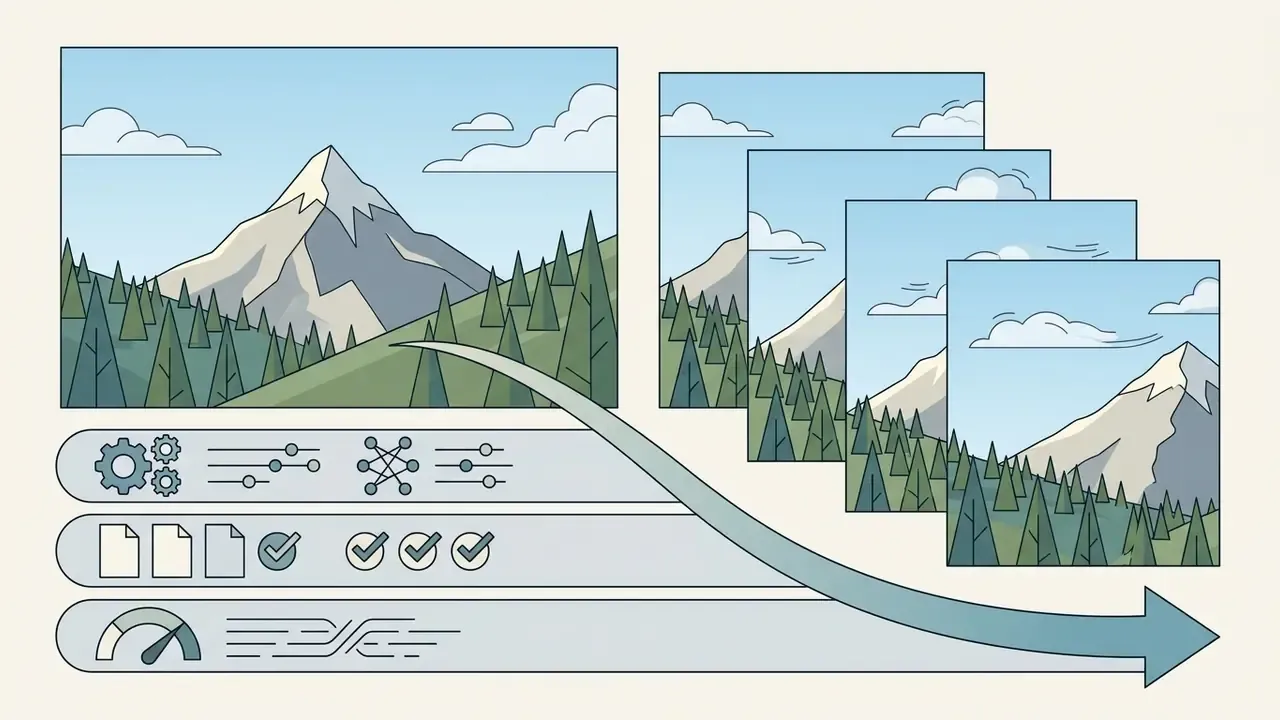 Mountain landscape transitioning through technical settings into a sequence of animated frames