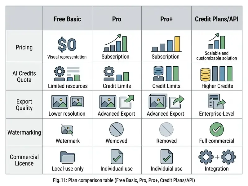 Comparison table of subscription tiers and API plans across pricing, credits, export, and licensing