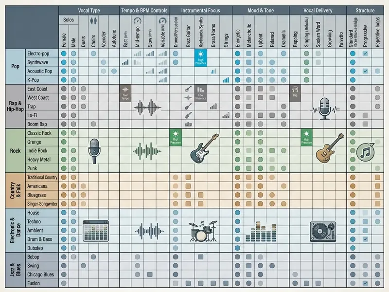 Detailed matrix mapping various musical genres to specific vocal, tempo, and instrumental configurations