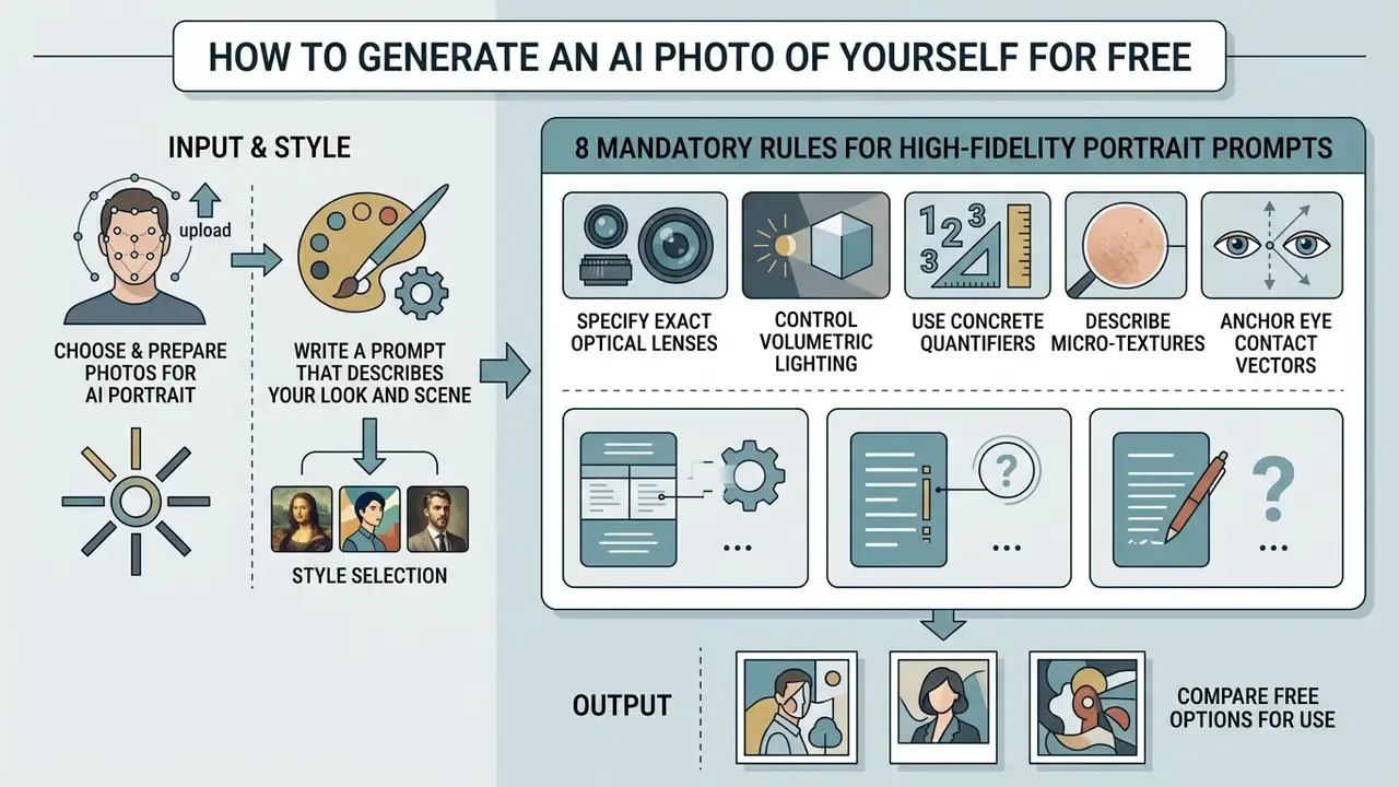 Diagram detailing steps to generate an AI photo of yourself for free through prompts and style selection