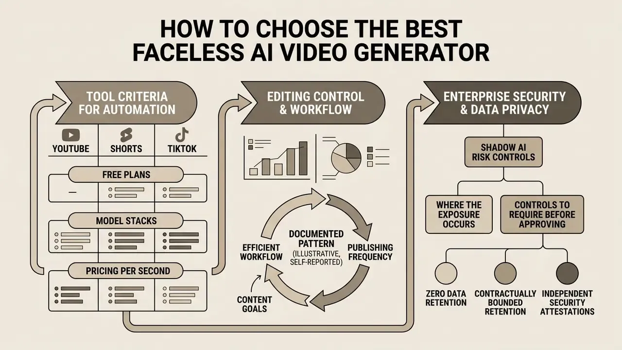 Diagram detailing criteria for selecting a faceless AI video generator across three key operational areas