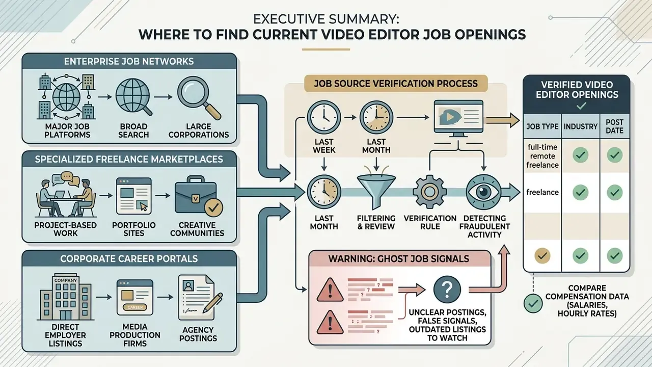 Flowchart detailing the process of sourcing and verifying video editor job openings across multiple channels