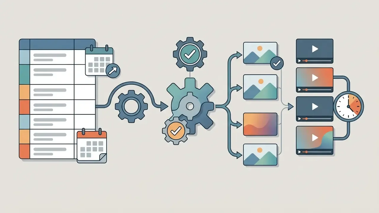 Calendar data feeding into a gear system that generates image assets for scheduled video content