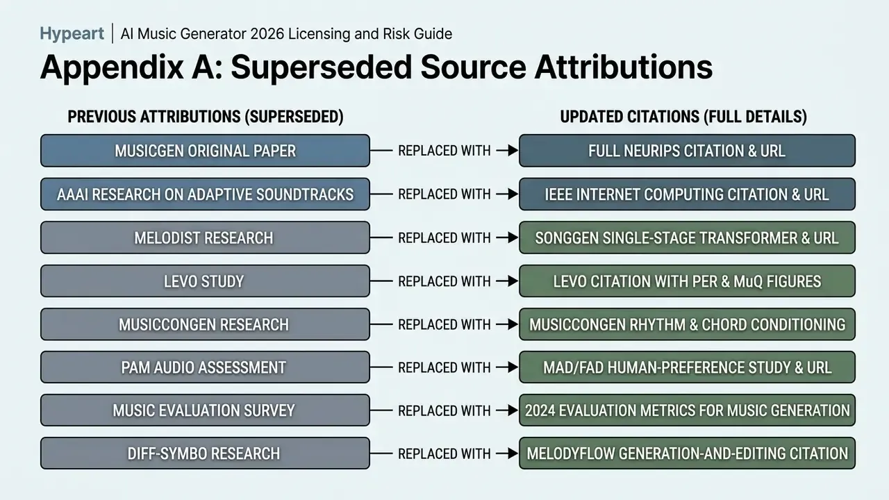 Comparison table mapping previous research attributions to their updated full citation counterparts