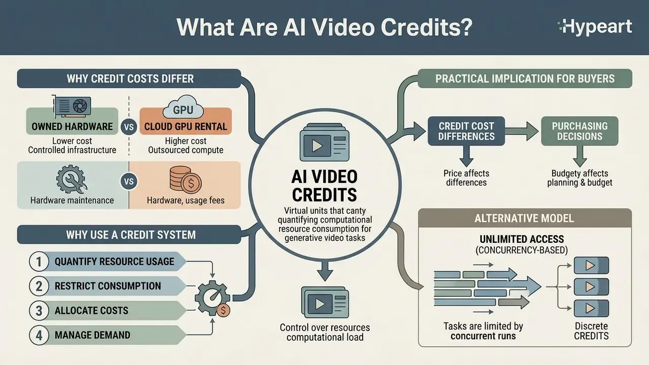 Infographic explaining AI video credits as virtual units for managing computational resource consumption