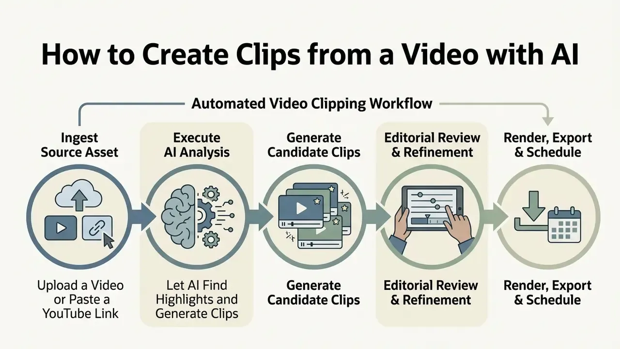 Flowchart showing steps from uploading a video file to automated analysis, manual review, and final export