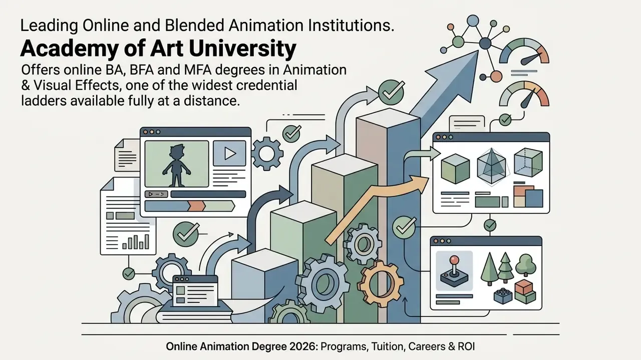 Digital screens showing 3D models and animation software connected by gears and arrows to a rising bar graph