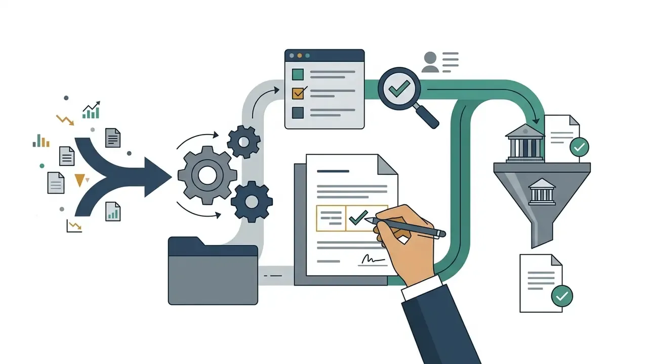 Documents and charts flowing through a gear processor into a manual review and financial funnel system