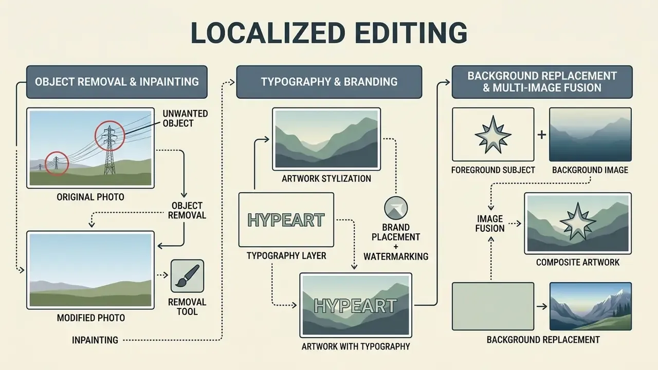 Infographic illustrating region-level AI photo editing techniques including object removal and fusion