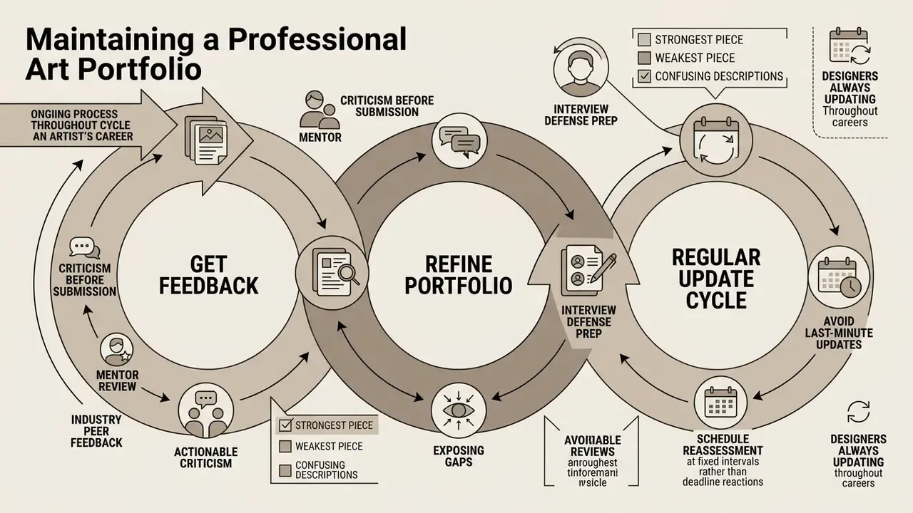Circular process model for how to create an art portfolio through feedback, refinement, and updates