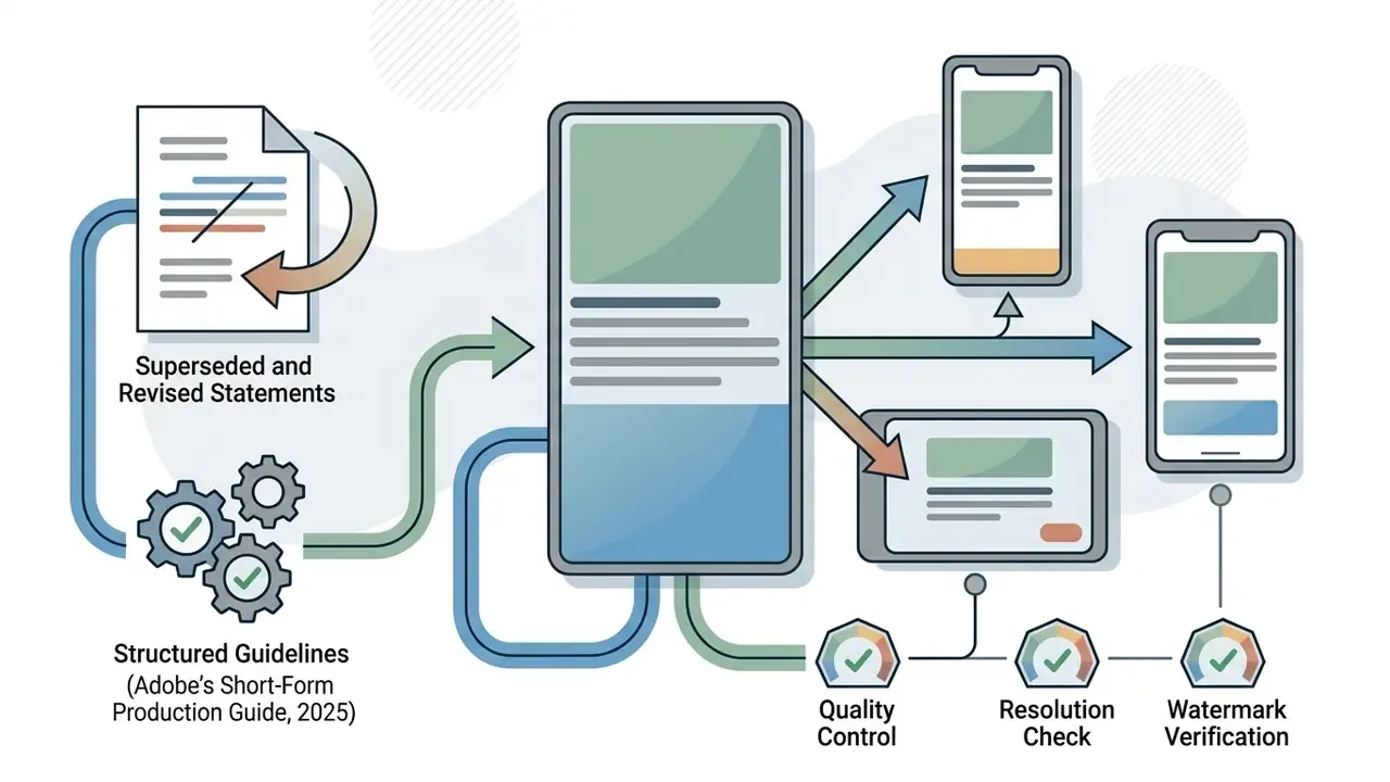 Guidelines flowing into a master vertical video template distributed across multiple mobile and tablet screens