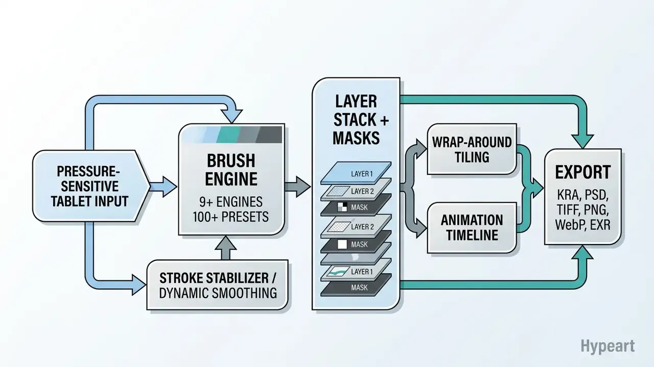 Flowchart showing the digital painting process from tablet input to brush engine, layers, and export