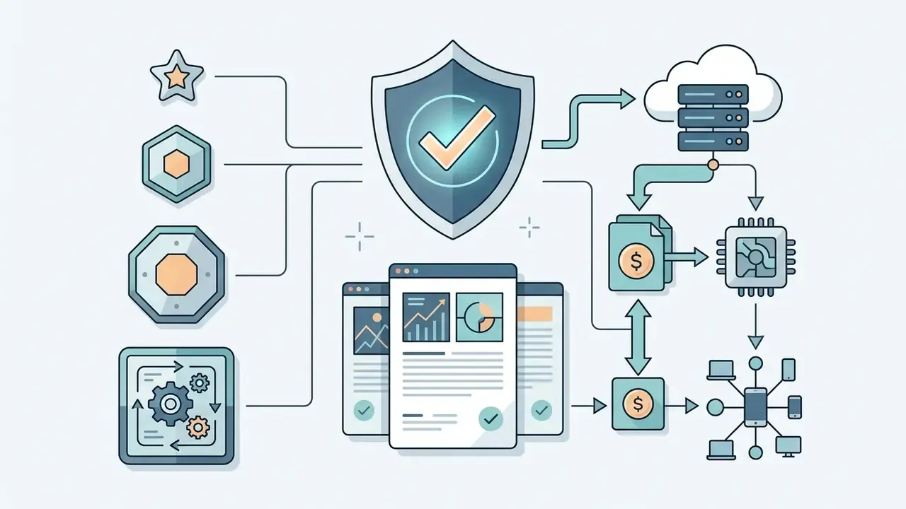 Icons of shapes and gears connecting to a central shield and documents flowing into cloud and billing systems