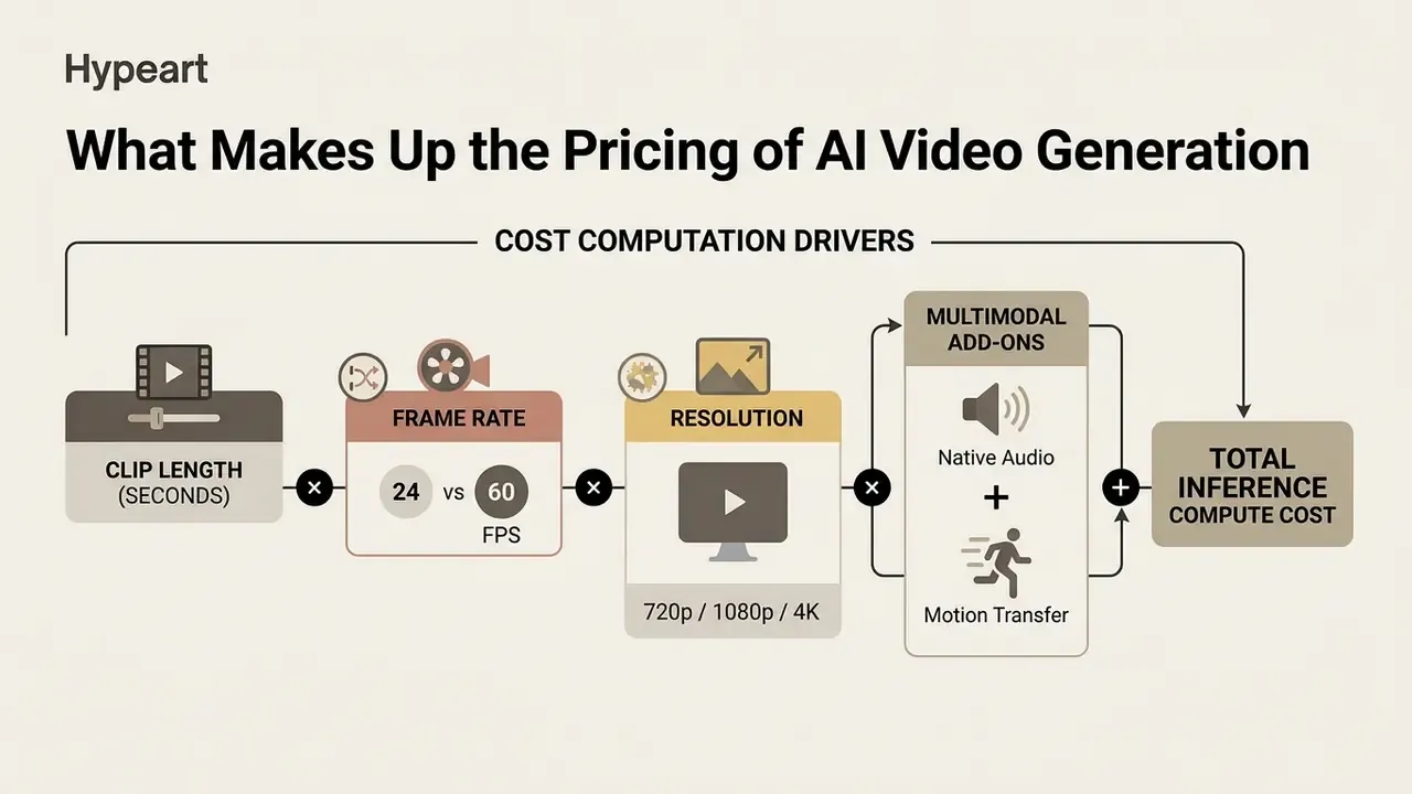 Mathematical formula showing how clip length, frame rate, resolution, and add-ons determine total compute cost