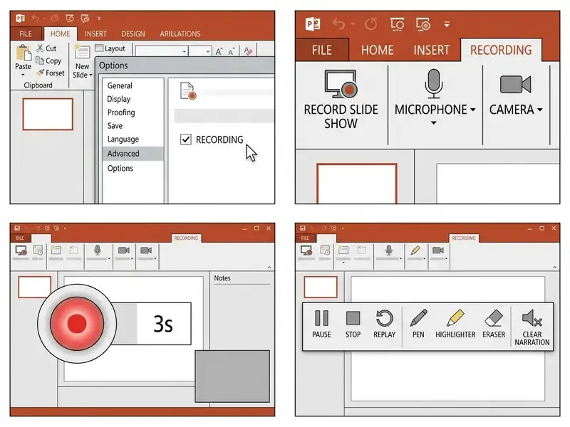 Four screenshots showing the PowerPoint ribbon settings, recording tab, countdown timer, and toolbar