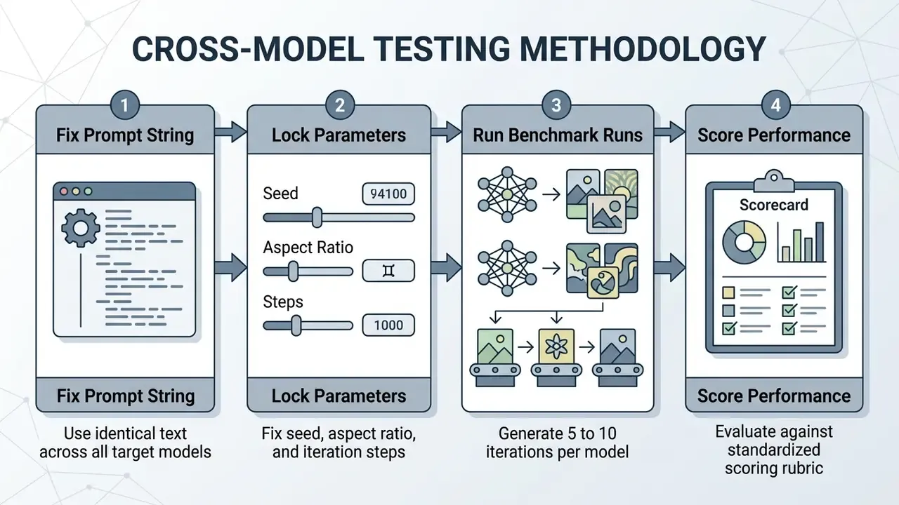 Four-step process diagram detailing a standardized testing methodology for AI art generator prompts