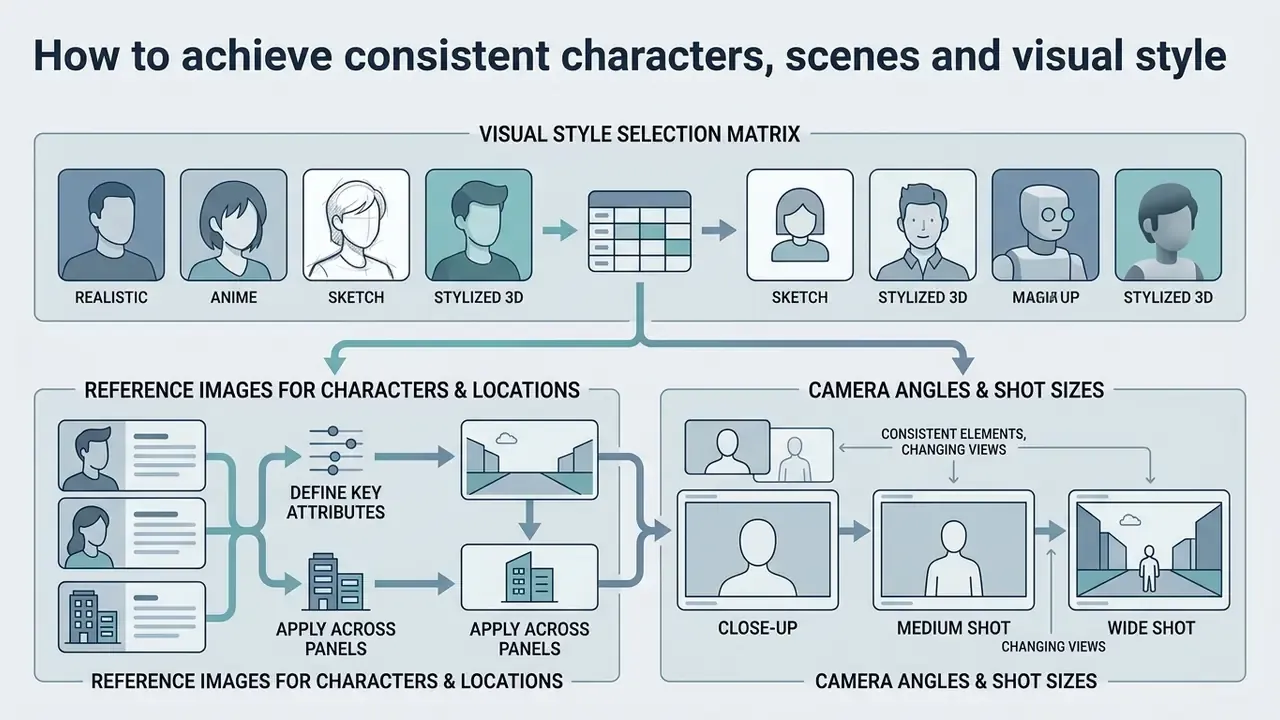 Matrix showing style selection, reference image usage, and camera angle adjustments for visual continuity