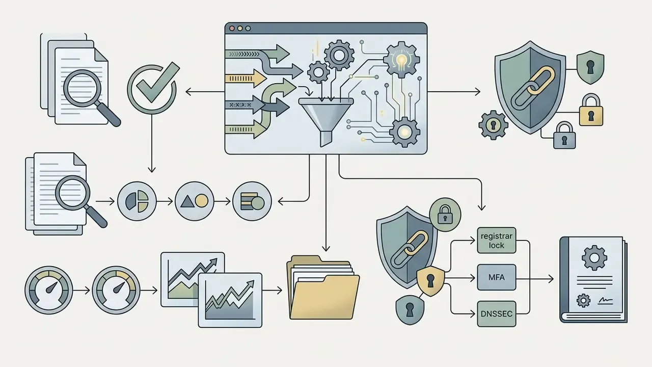 Flowchart showing external security and governance controls surrounding an AI domain name generator process