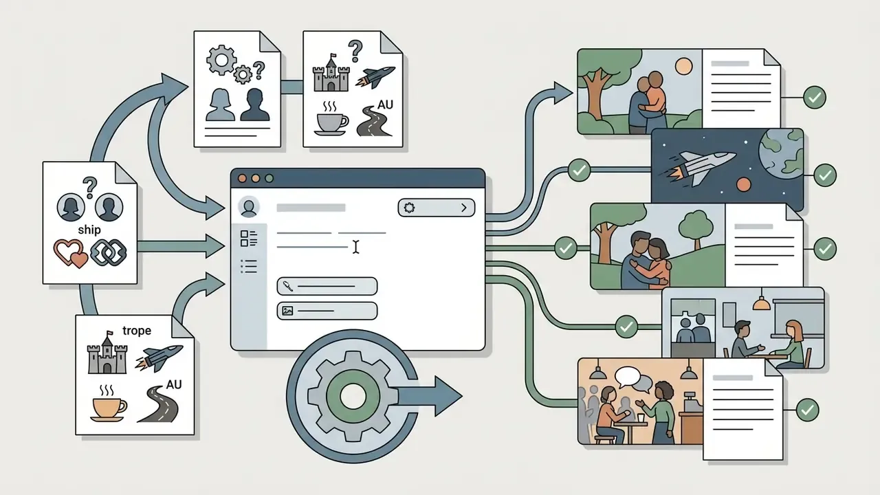 Documents with character and trope icons feeding a web interface that outputs varied illustrated scenes