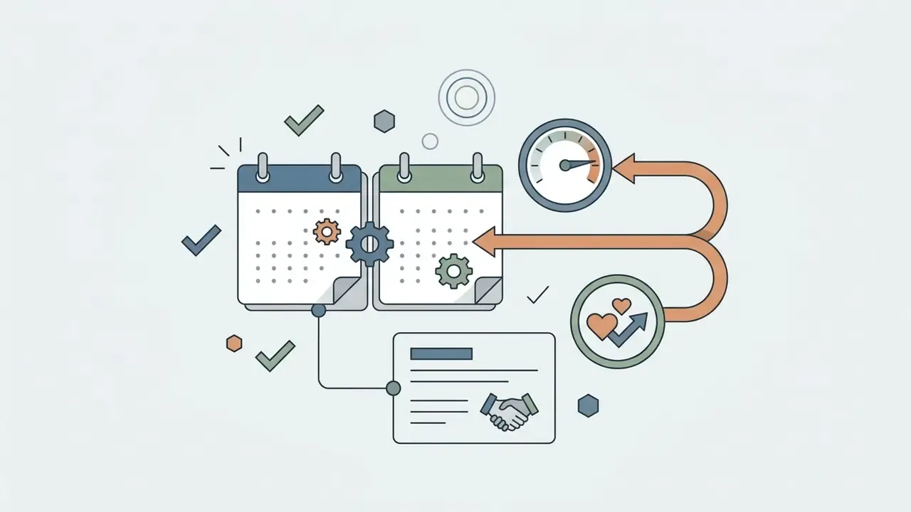 Calendars with gears and a handshake document connected by arrows to gauges showing hearts and progress