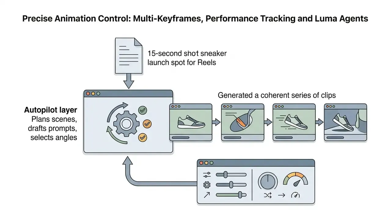 Workflow showing Luma Agents processing a text prompt into a coherent series of sneaker video clips
