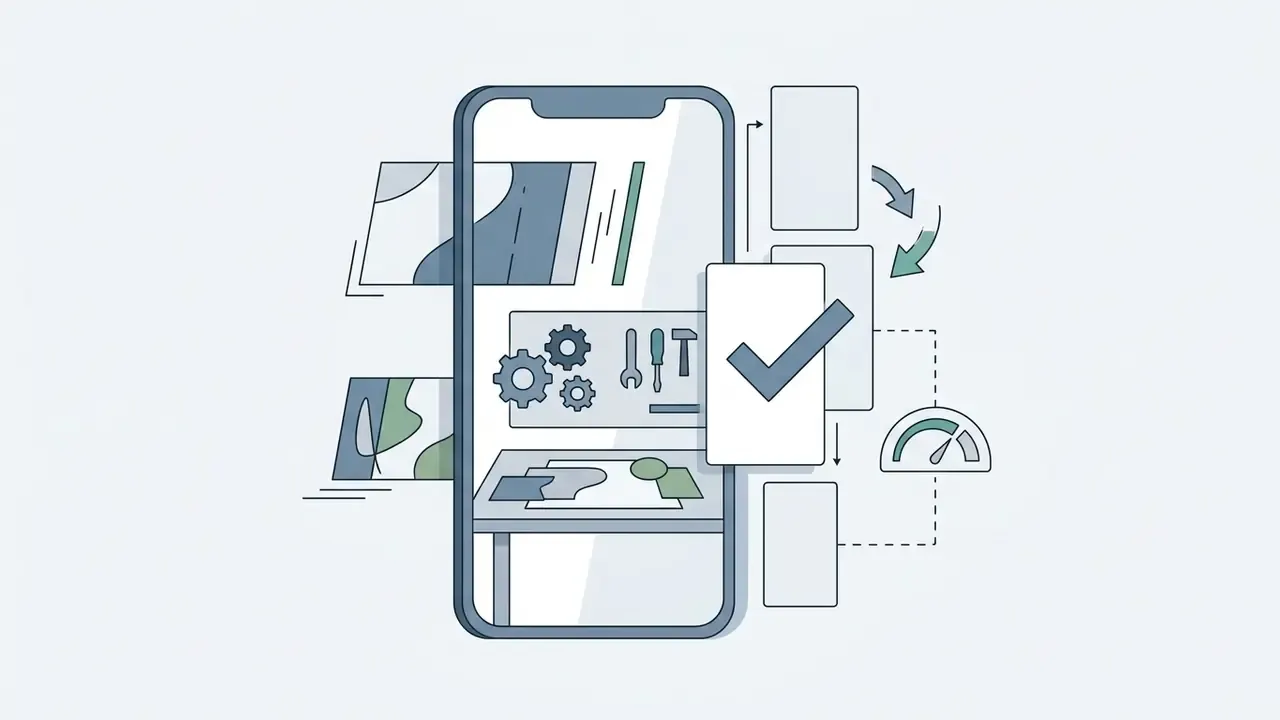 Smartphone screen showing workshop tools and layouts linked to a checkmark icon and speed gauge