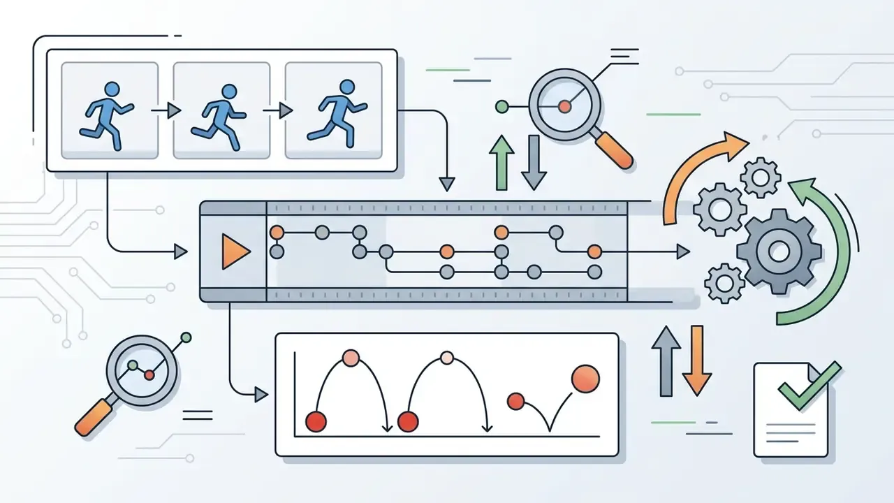 Stick figure animation frames feeding into a timeline and gear system to visualize motion and physics