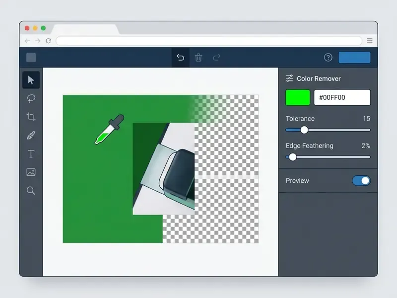 Web interface showing an eyedropper tool selecting a green background for removal with adjustment sliders