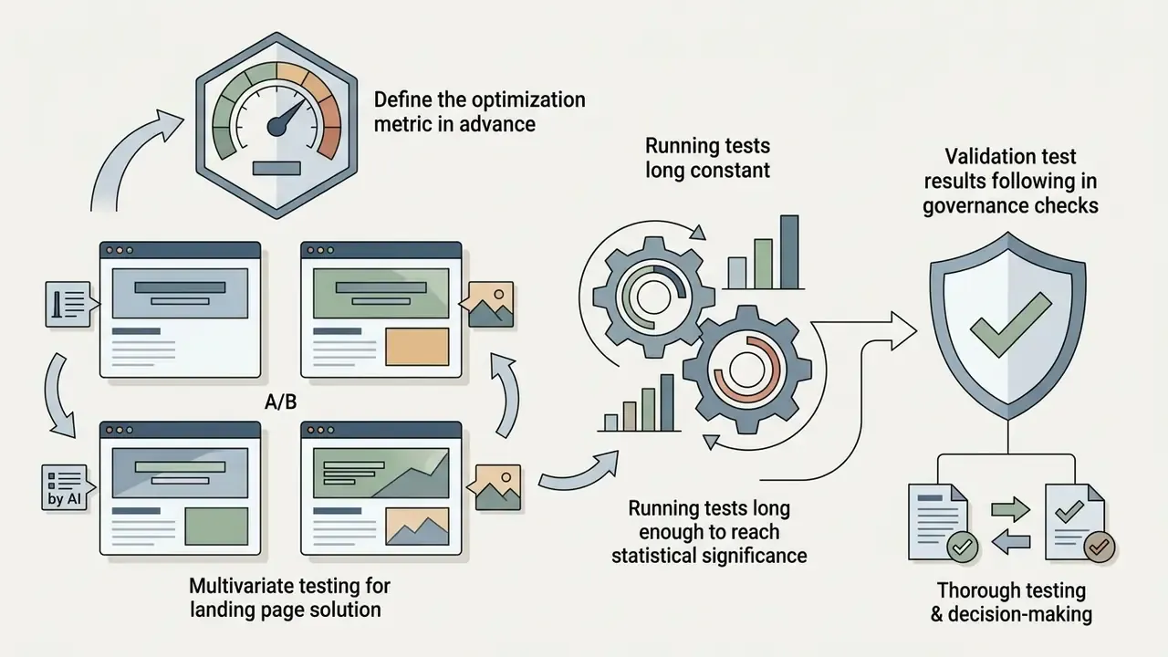 Visual sequence showing A/B testing steps for web layouts leading to statistical validation and governance
