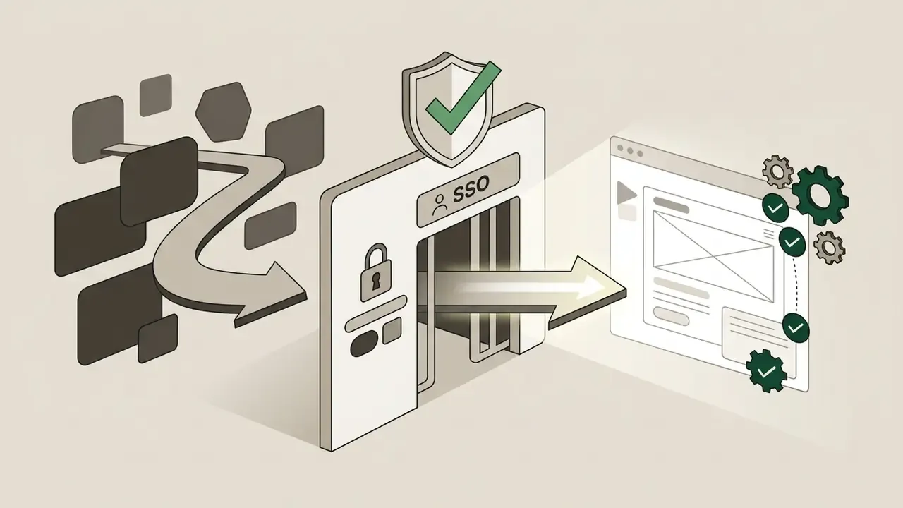 Arrow guiding scattered shapes through an SSO gate into a structured interface with validated gear icons