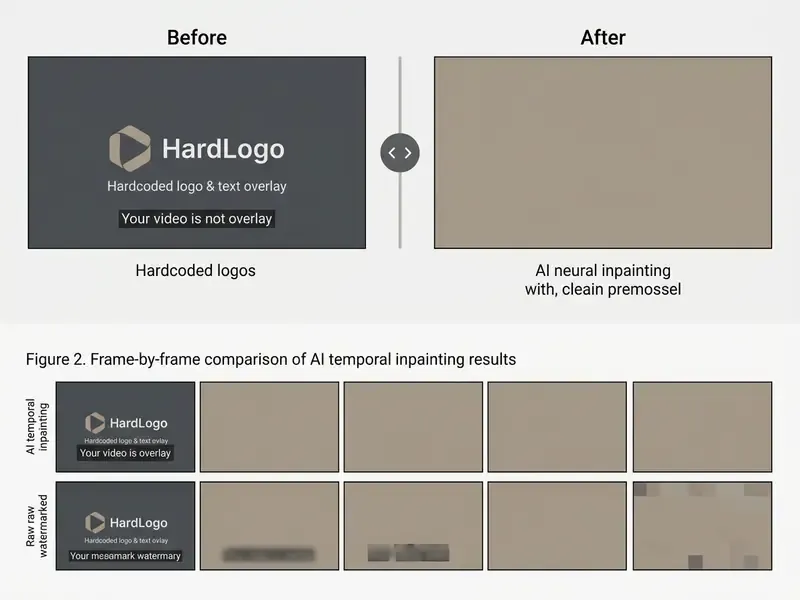 Comparison of a video frame with a watermark before and after AI neural inpainting removal