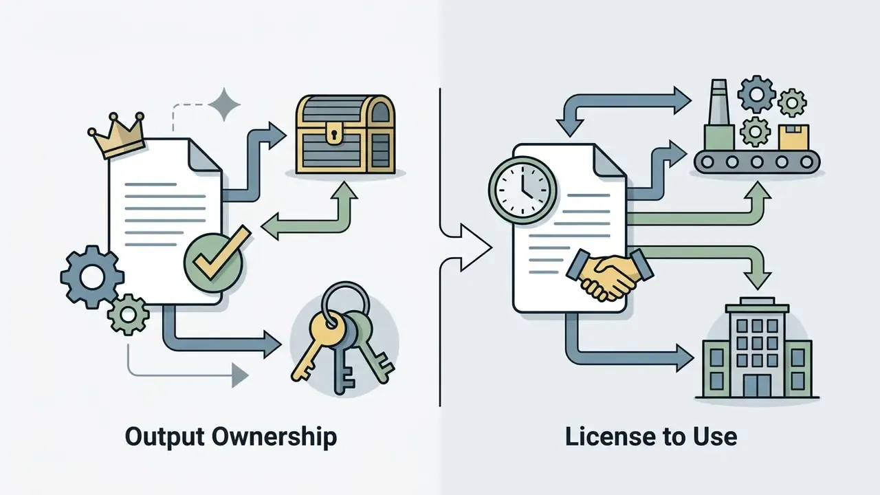 Split diagram contrasting exclusive ownership icons with commercial license and usage agreement symbols