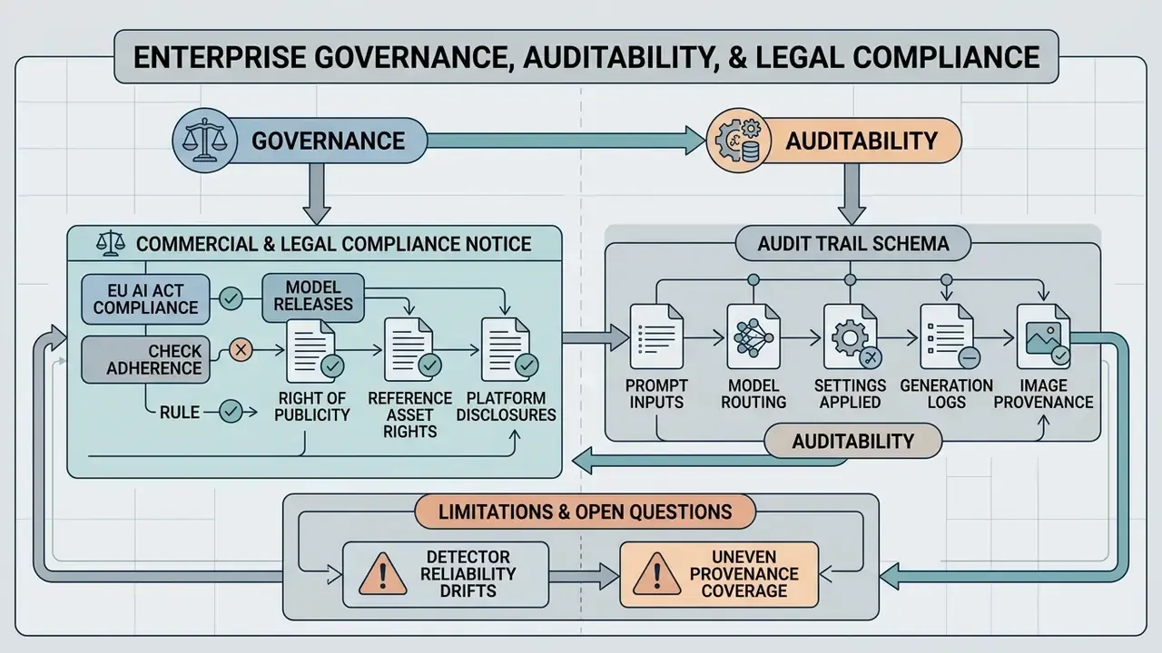Flowchart mapping compliance checks, audit trail schemas, and system limitations for AI production