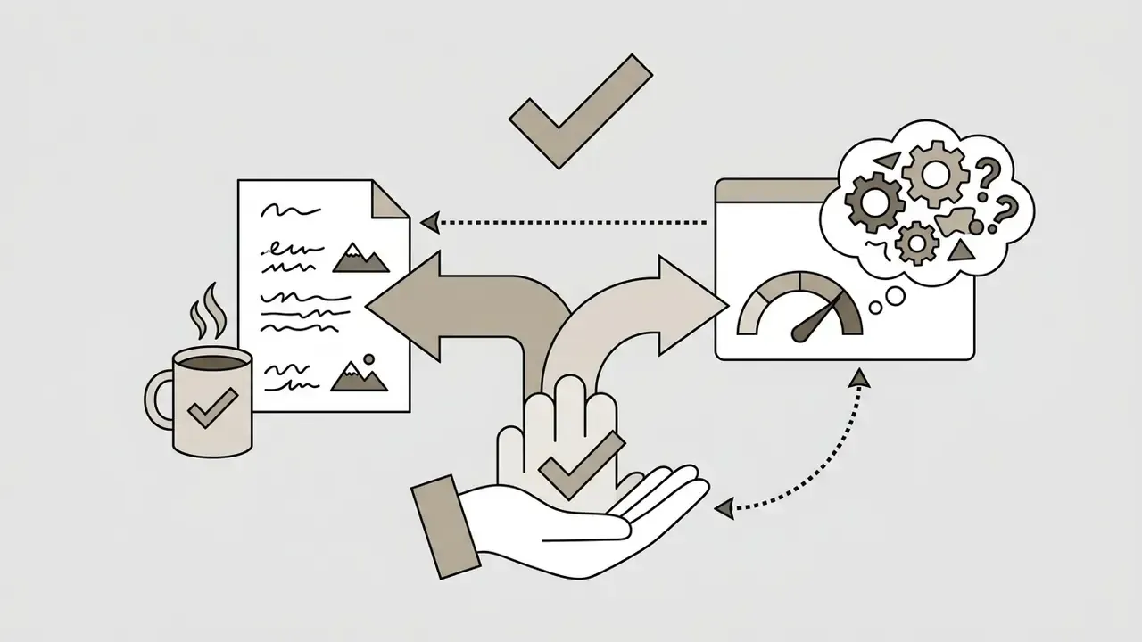 Open hand offering a choice between a document with coffee or a digital processing interface