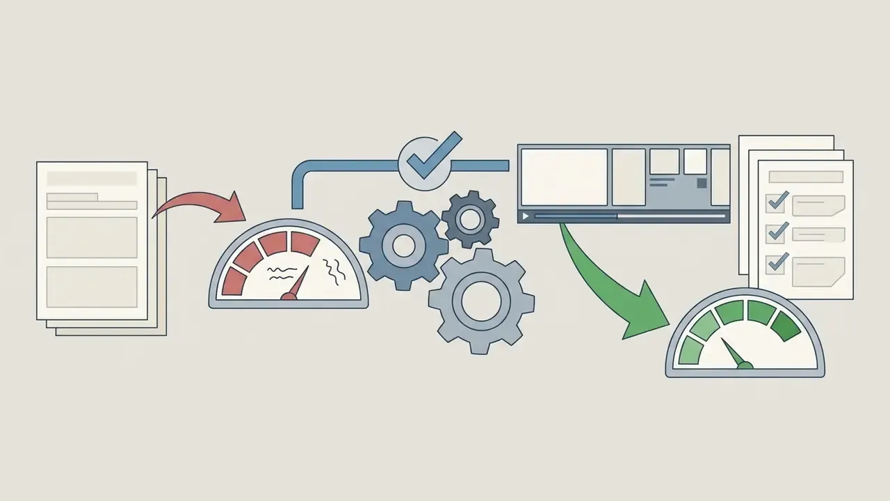 Documents entering a gear-driven process that outputs video content and a completed checklist
