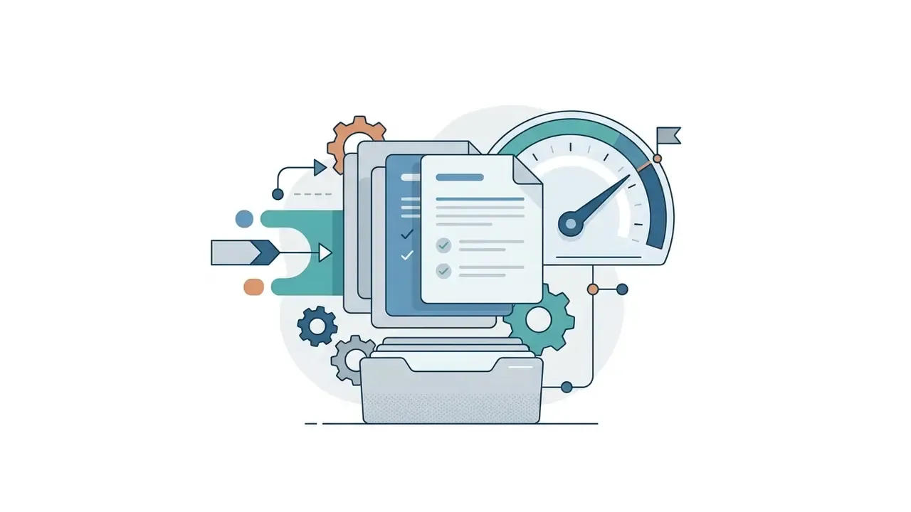 Document folder with stacked files and a speedometer icon representing Bing Image Creator data retention