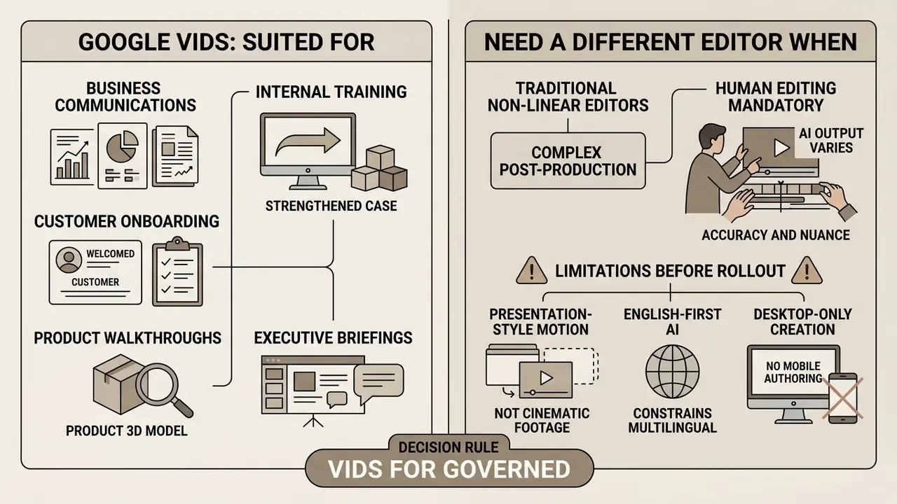 Comparison of use cases for Google Vids versus traditional editing software and its limitations