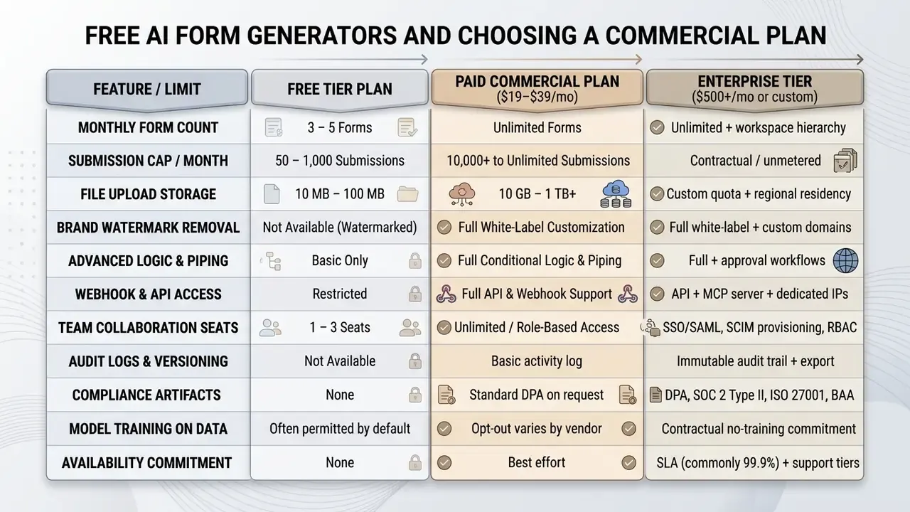 Comparison table outlining features and limits for free, paid commercial, and enterprise software plans