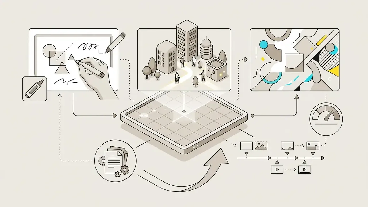 Diagram showing a central tablet interface connecting design tools, city models, and video timelines