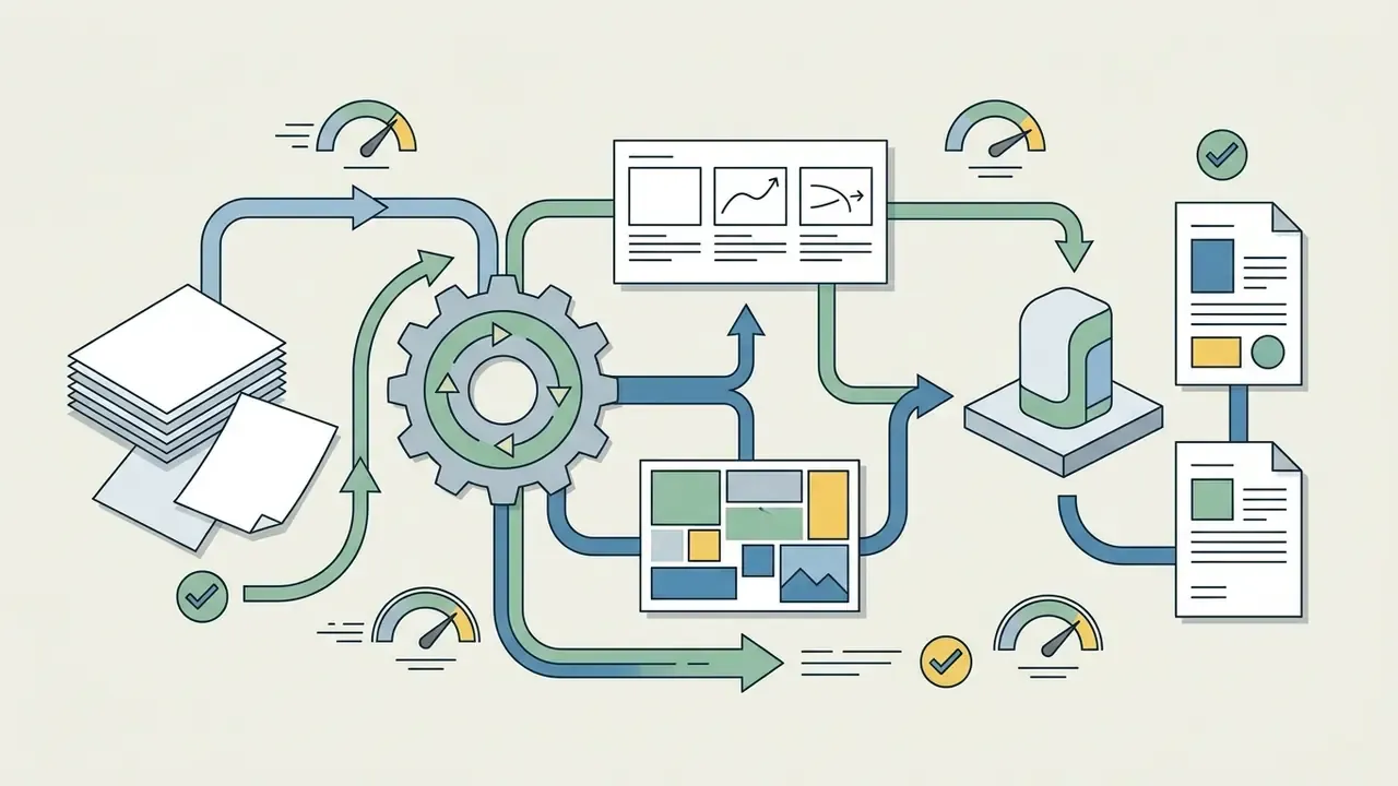 Diagram showing a central gear processing documents and design assets into finalized reports and files