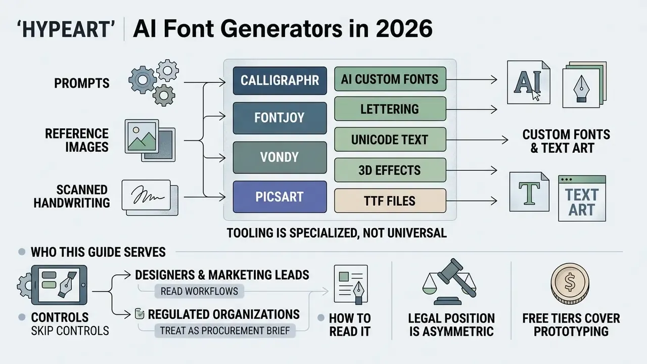 Infographic showing how inputs flow through AI font generator tools into custom fonts and text art