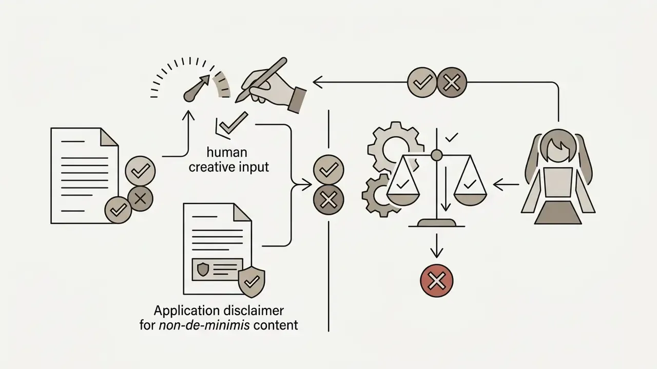 Conceptual drawing showing how human creative input and disclaimers affect the copyright of AI art