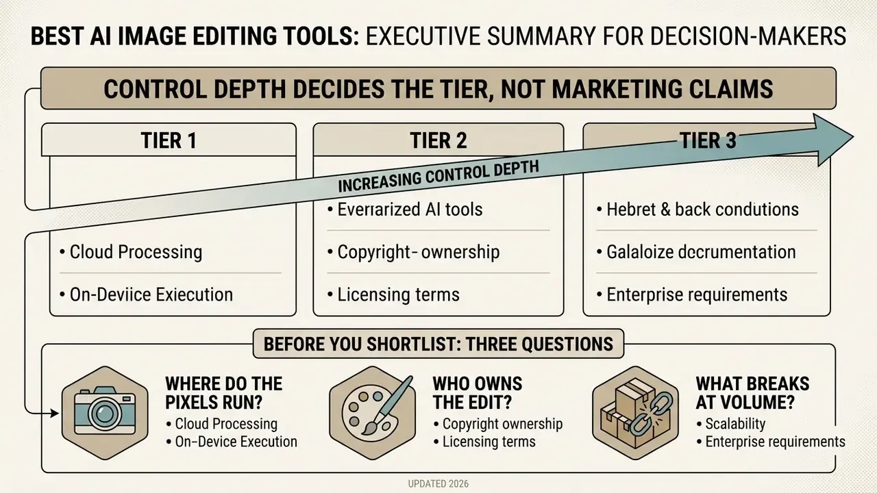 Infographic showing three tiers of AI image editing tools and three key questions for decision makers