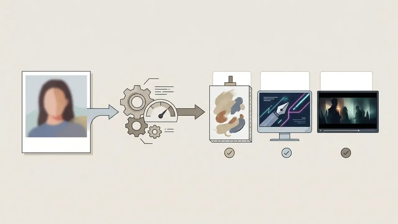 Portrait photo being processed through gears into an oil painting, digital illustration, or film still